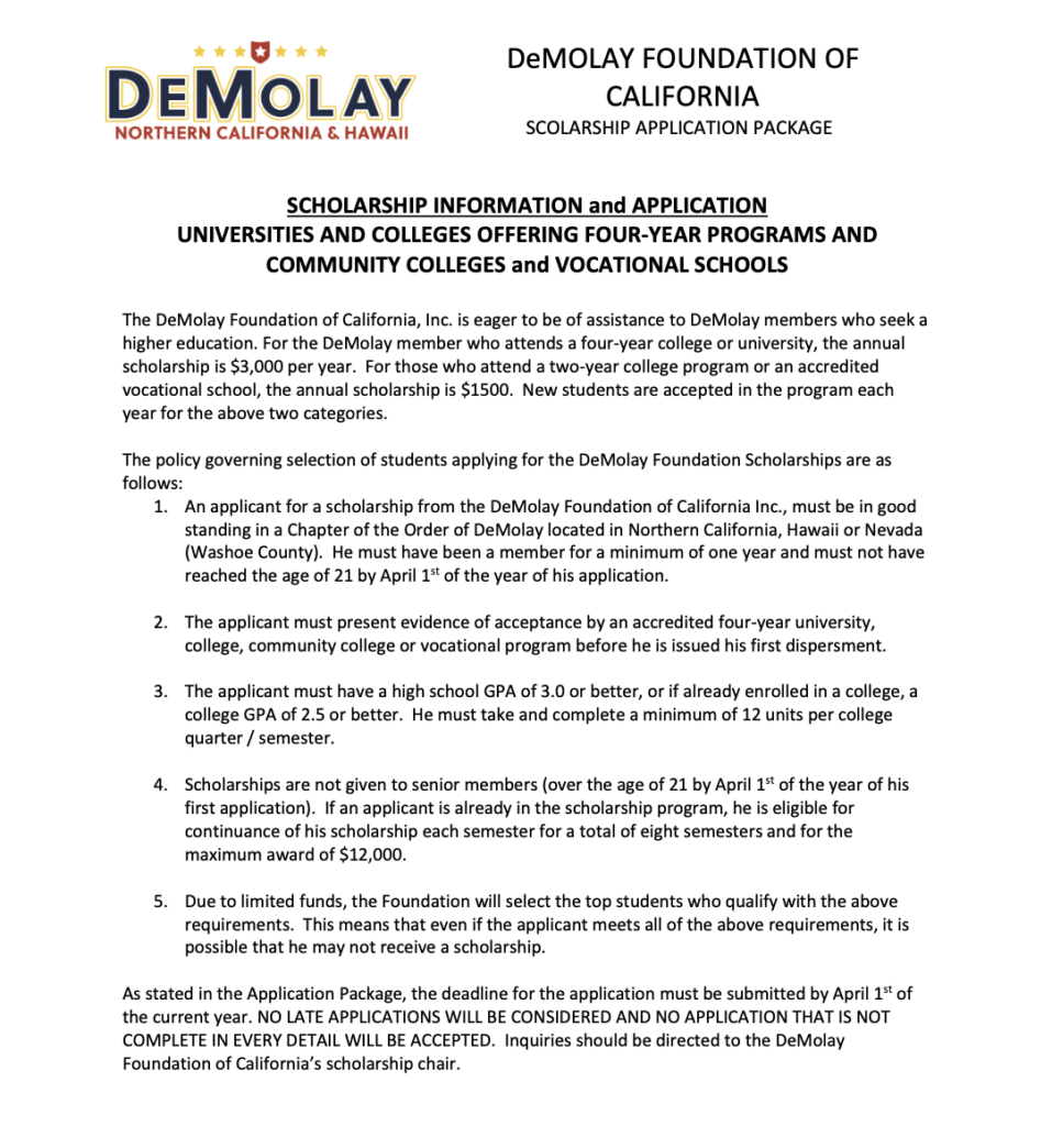 California DeMolay Foundation Scholarship Application